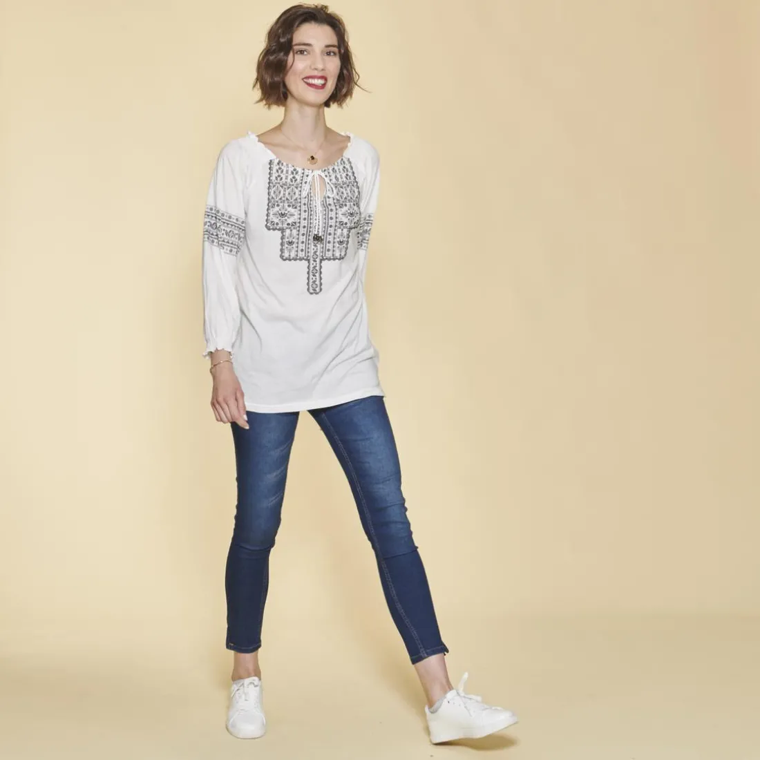 Tee-shirt col caftan manches 3/4 nid d'abeille et imprimé femme - écru blanc en coton