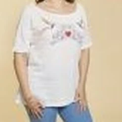 Tee-shirt col rond manches aux coudes broderie devant grandes tailles femme - écru blanc en coton