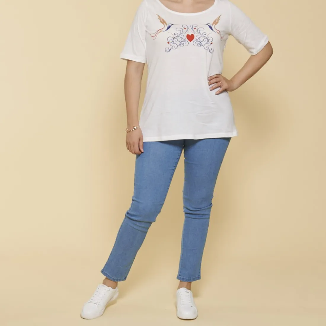 Tee-shirt col rond manches aux coudes broderie devant grandes tailles femme - écru blanc en coton