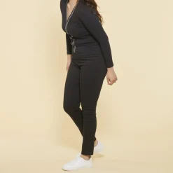 Tee-shirt col V et couture centrale avec perles fantaisie femme - Noir en coton