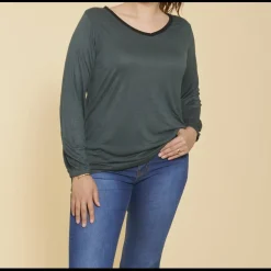Tee-shirt col V ouverture dos avec noeuds manches longues grandes tailles femme - Vert Bouteille en coton