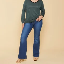 Tee-shirt col V ouverture dos avec noeuds manches longues grandes tailles femme - Vert Bouteille en coton