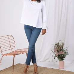 Tee-shirt dos en V lanières croisées manches longues nid d'abeille femme - Blanc