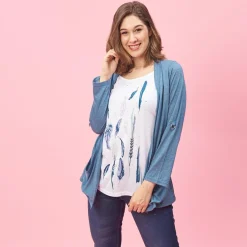 Tee-shirt effet 2 en 1 intérieur imprimé manches longues grandes tailles femme - Bleu Pétrole