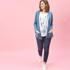 Tee-shirt effet 2 en 1 intérieur imprimé manches longues grandes tailles femme - Bleu Pétrole