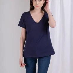Tee-shirt en coton bio col V Anna bleu marine