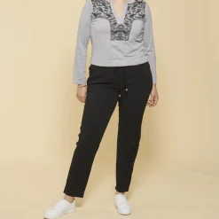 Tee-shirt fendu col caftan imprimé manches longues femme - gris chiné en coton