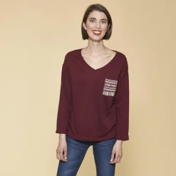 Tee-shirt fendu manches longues poche plaquée imprimée femme - Rouge Grenat en coton