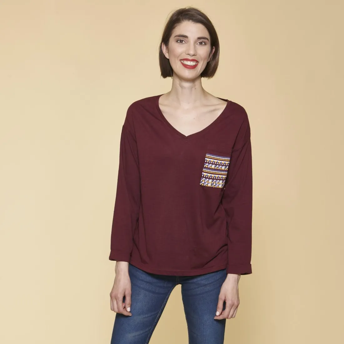 Tee-shirt fendu manches longues poche plaquée imprimée femme - Rouge Grenat en coton