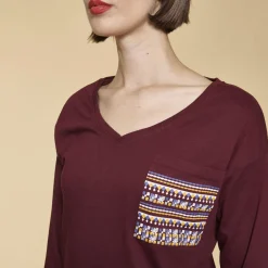 Tee-shirt fendu manches longues poche plaquée imprimée femme - Rouge Grenat en coton
