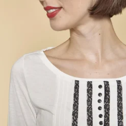 Tee-shirt froncé dentelle manches longues femme - écru blanc