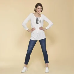 Tee-shirt froncé dentelle manches longues femme - écru blanc