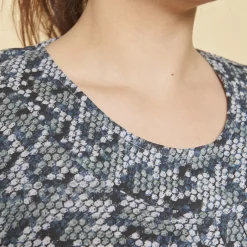 Tee-shirt imprimé col rond plissé manches 3/4 femme - Imprimé Gris