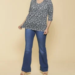 Tee-shirt imprimé col rond plissé manches 3/4 femme - Imprimé Gris