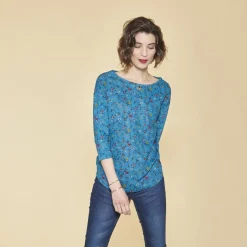 Tee-shirt imprimé floral manches 3/4 à revers femme - Bleu Pétrole en coton