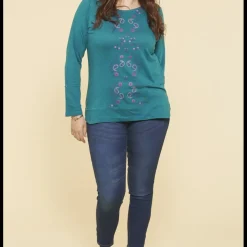 Tee-shirt imprimé gaufré manches longues femme - Bleu Pétrole en coton