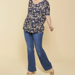 Tee-shirt imprimé manches 3/4 kimono femme - Imprimé Bleu Marine
