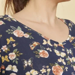Tee-shirt imprimé manches 3/4 kimono femme - Imprimé Bleu Marine