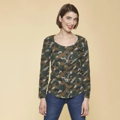 Tee-shirt imprimé manches longues ajustables femme - Imprimé Kaki vert en coton