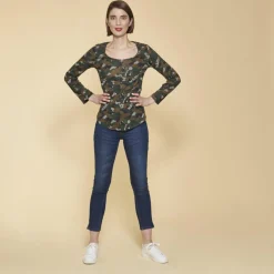 Tee-shirt imprimé manches longues ajustables femme - Imprimé Kaki vert en coton