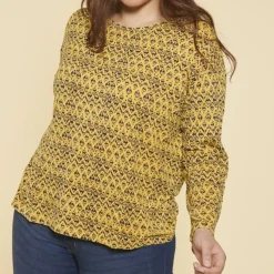 Tee-shirt imprimé manches longues femme - Bleu - Jaune multicolore