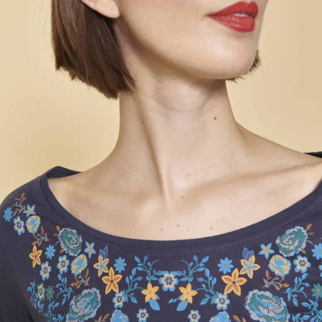 Tee-shirt long fendu col rond manches longues imprimé devant femme - Bleu Indigo en coton