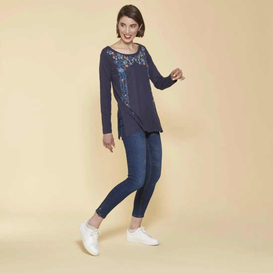 Tee-shirt long fendu col rond manches longues imprimé devant femme - Bleu Indigo en coton