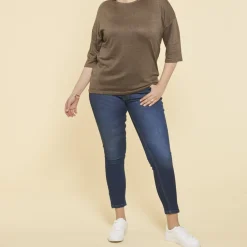 Tee-shirt maille ajourée manches 3/4 femme - kaki foncé