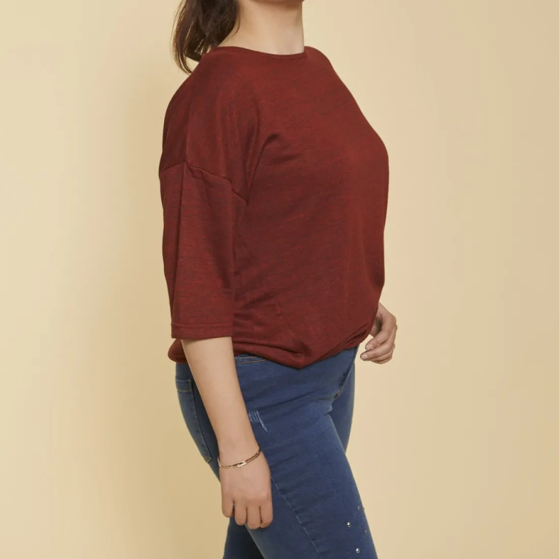 Tee-shirt maille ajourée manches 3/4 femme - Rouge
