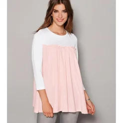 Tee-shirt manches 3/4 bas arrondi contrasté femme - Blanc en coton