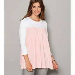 Tee-shirt manches 3/4 bas arrondi contrasté femme - Blanc en coton