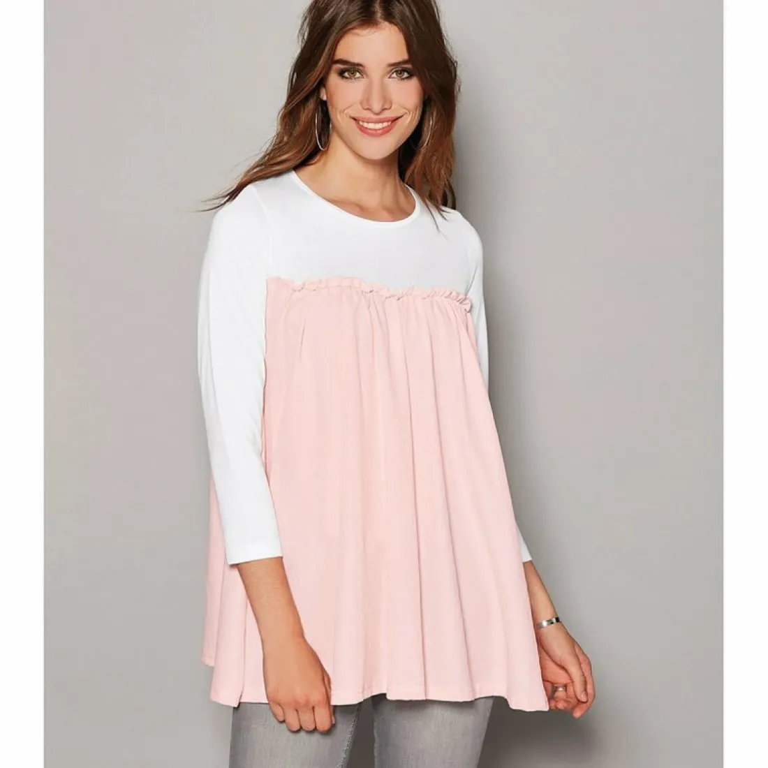 Tee-shirt manches 3/4 bas arrondi contrasté femme - Blanc en coton