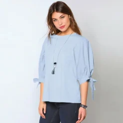 Tee-shirt manches 3/4 bouffantes rubans noués femme - Bleu Ciel en coton