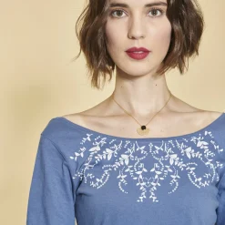 Tee-shirt manches 3/4 imprimé guipure femme - Bleu