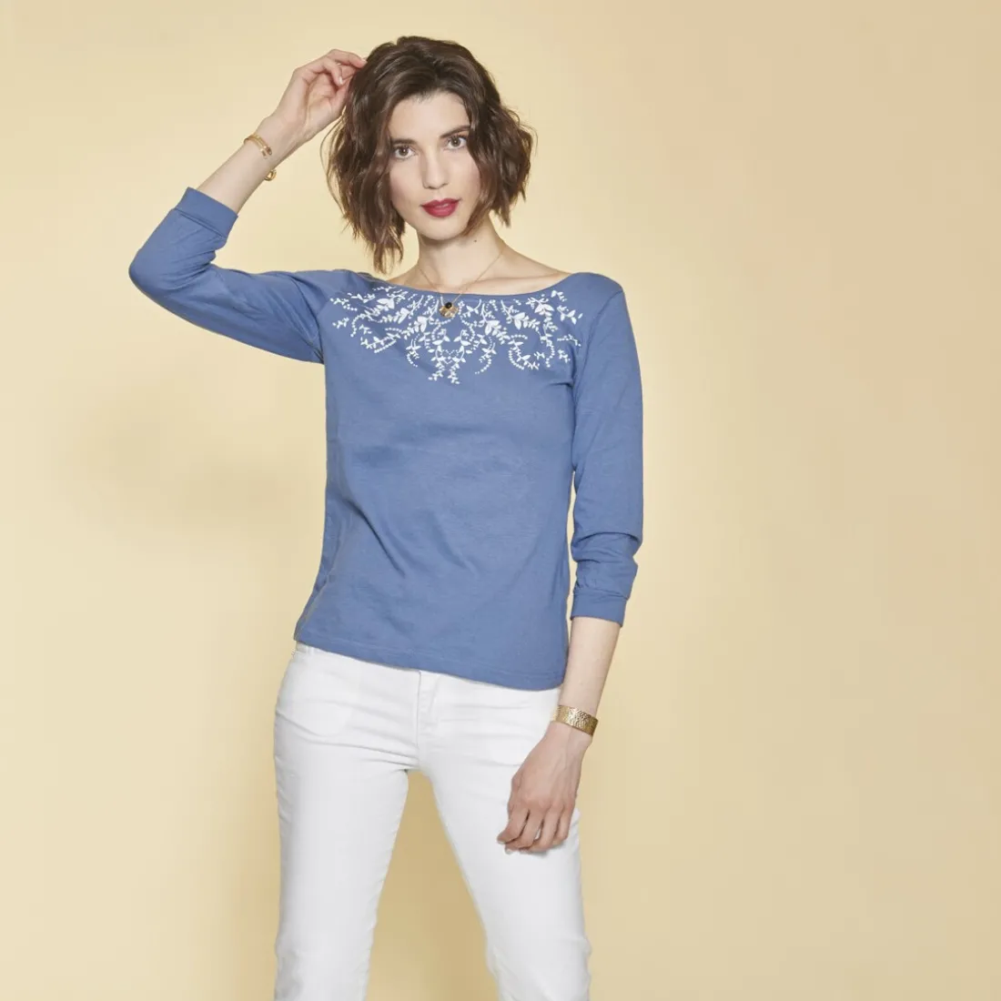 Tee-shirt manches 3/4 imprimé guipure femme - Bleu