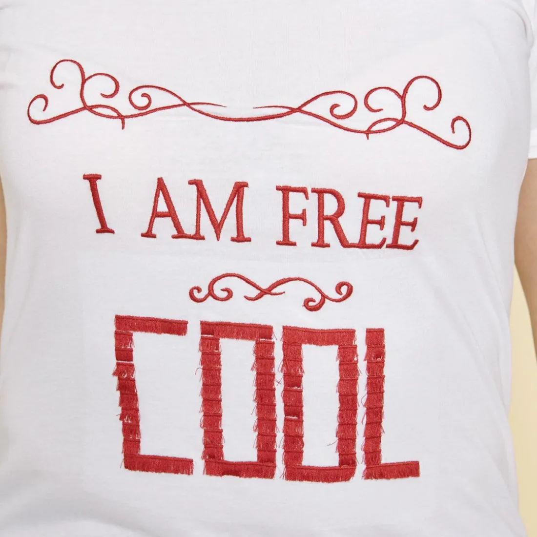 Tee-shirt manches courtes imprimé et franges femme - Blanc en coton