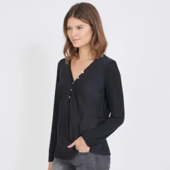 Tee-shirt manches longues mélange soie Jil noir