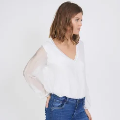 Tee-shirt manches longues doublure soie John blanc