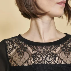 Tee-shirt manches longues dos ouvert et drapé dentelle femme - Noir