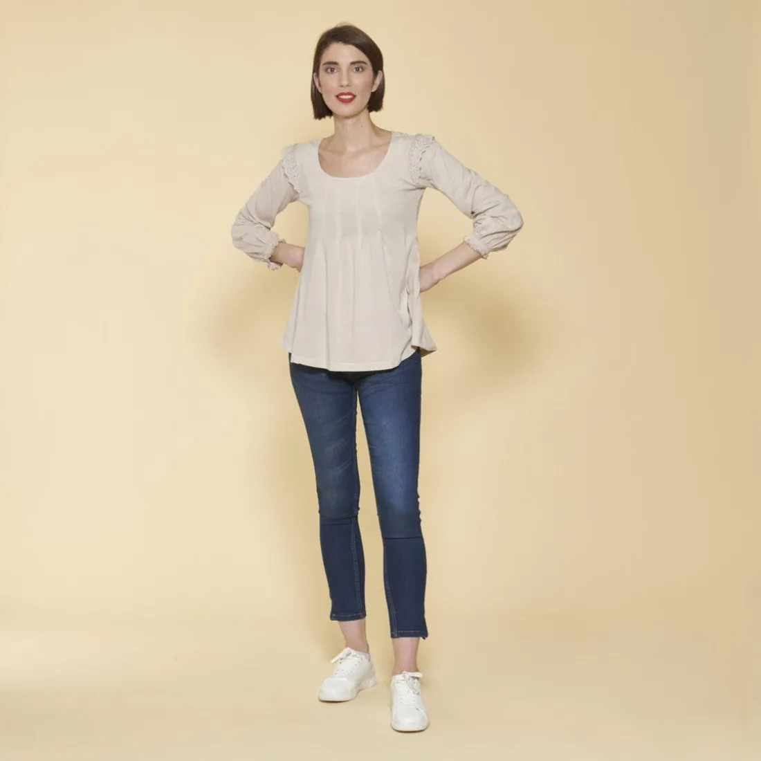 Tee-shirt manches longues élastiquées et dentelle femme - Sable beige en coton