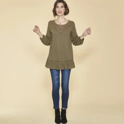Tee-shirt manches longues élastiquées guipure et volants femme - Kaki en coton