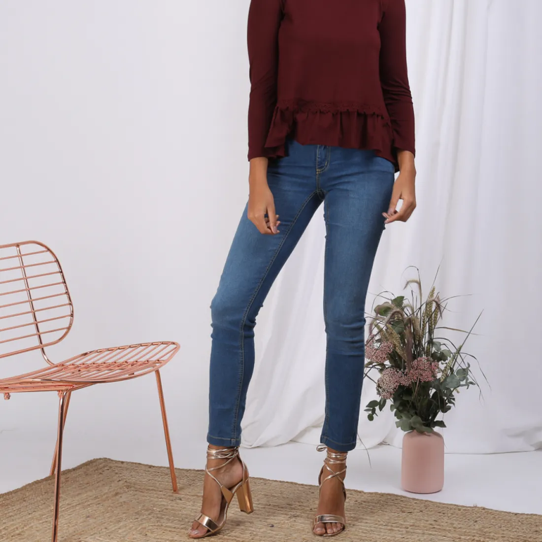 Tee-shirt manches longues volant guipure femme 3 SUISSES COLLECTION lie de vin en viscose