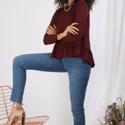 Tee-shirt manches longues volant guipure femme 3 SUISSES COLLECTION lie de vin en viscose