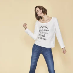 Tee-shirt manches longues message imprimé femme - écru blanc en coton