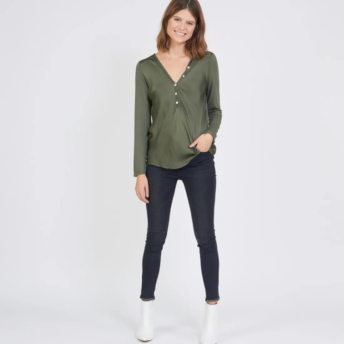 Tee-shirt manches longues mélange soie Jil kaki