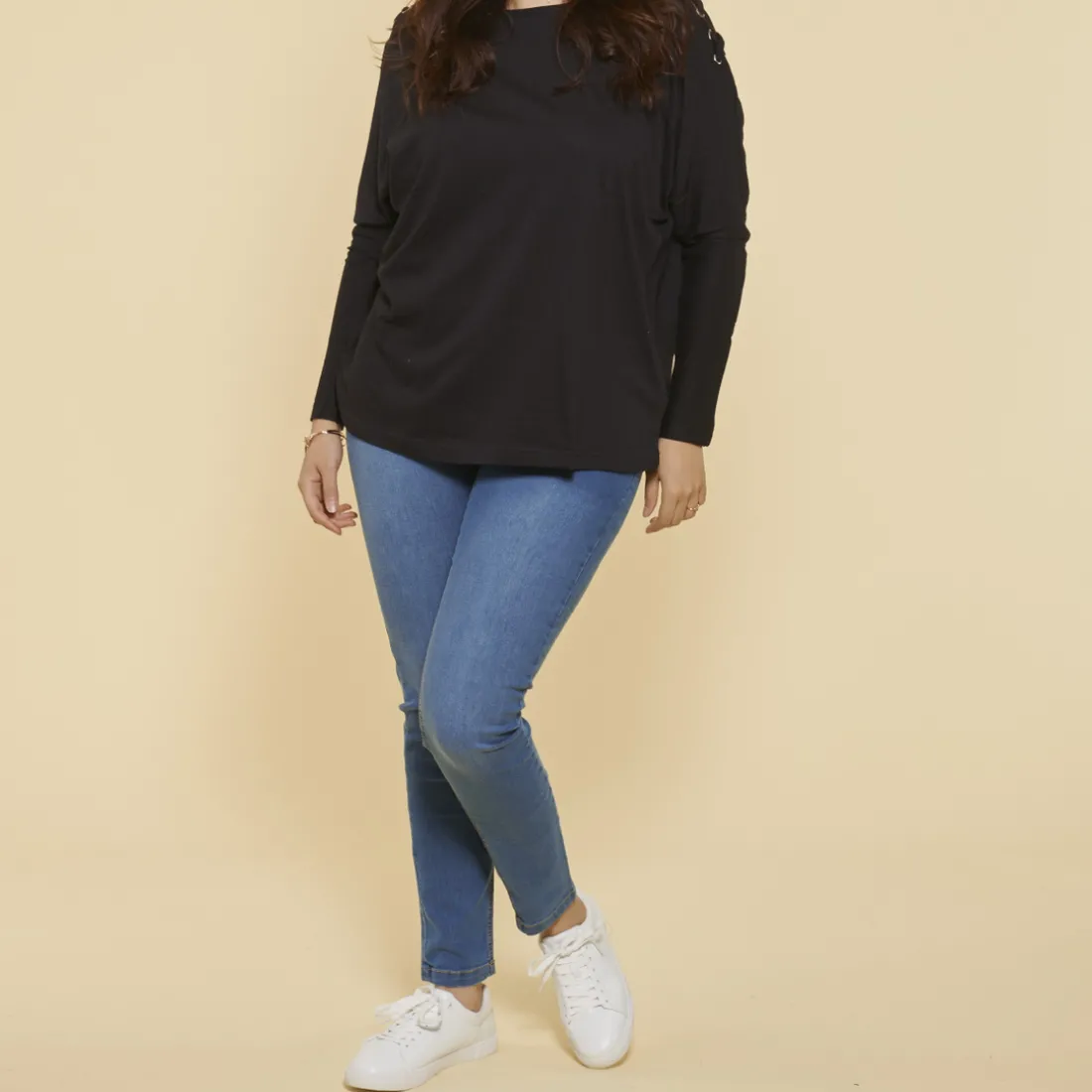 Tee-shirt manches longues kimono avec cordons entrecroisés grandes tailles femme - Noir en coton