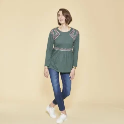 Tee-shirt manches longues bas volanté et imprimé devant femme - Vert Bouteille en coton