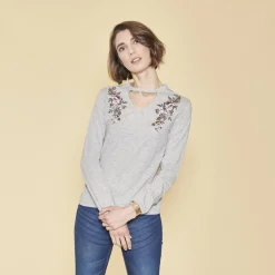 Tee-shirt ouverture en V manches longues élastiquées imprimé devant femme - gris chiné
