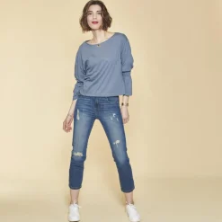 Tee-shirt poignets en nid d'abeille 3 Suisses femme - Bleu