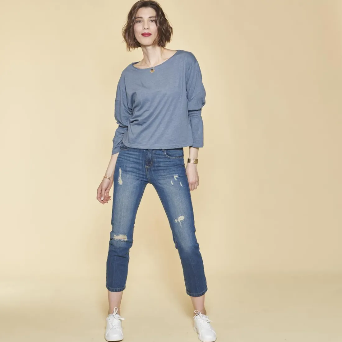Tee-shirt poignets en nid d'abeille 3 Suisses femme - Bleu